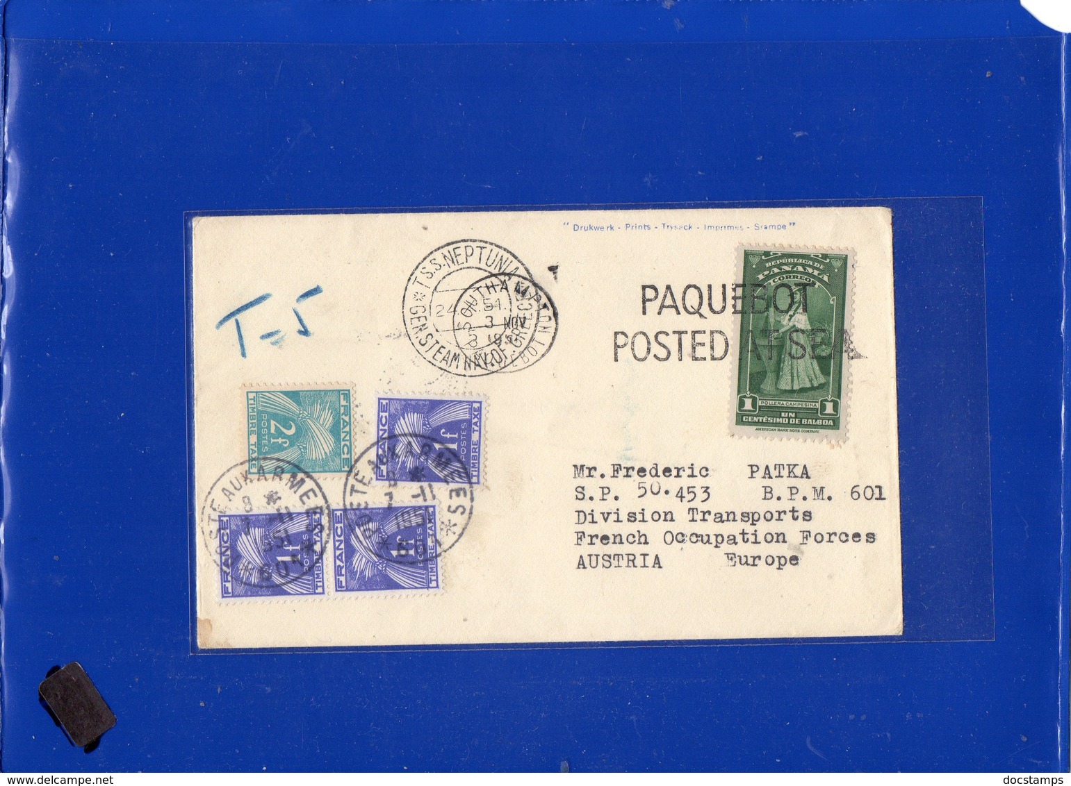 ##(DAN197)-Panama 1951- Cover Cancelled T S.S Neptunia-gen.steam Nav.of Greece Paquebot Posted At Sea To Austria-Taxed - Panama