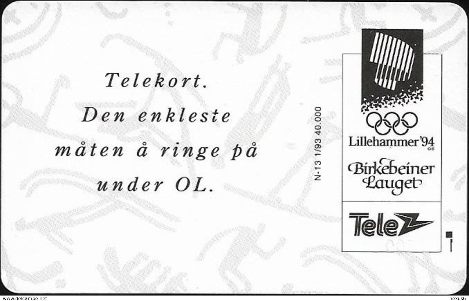 Norway - Telenor - Olympics Kortbane - (Cn. 00397) - SC5, 01.1993, 8.000ex, Used - Norvège