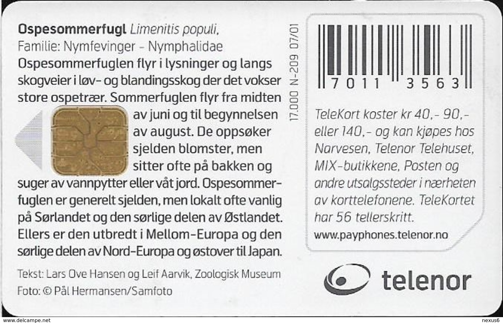 Norway - Telenor - Ospesommerfugl Butterfly - N-209 - 07.2001, 17.000ex, Used - Norvège