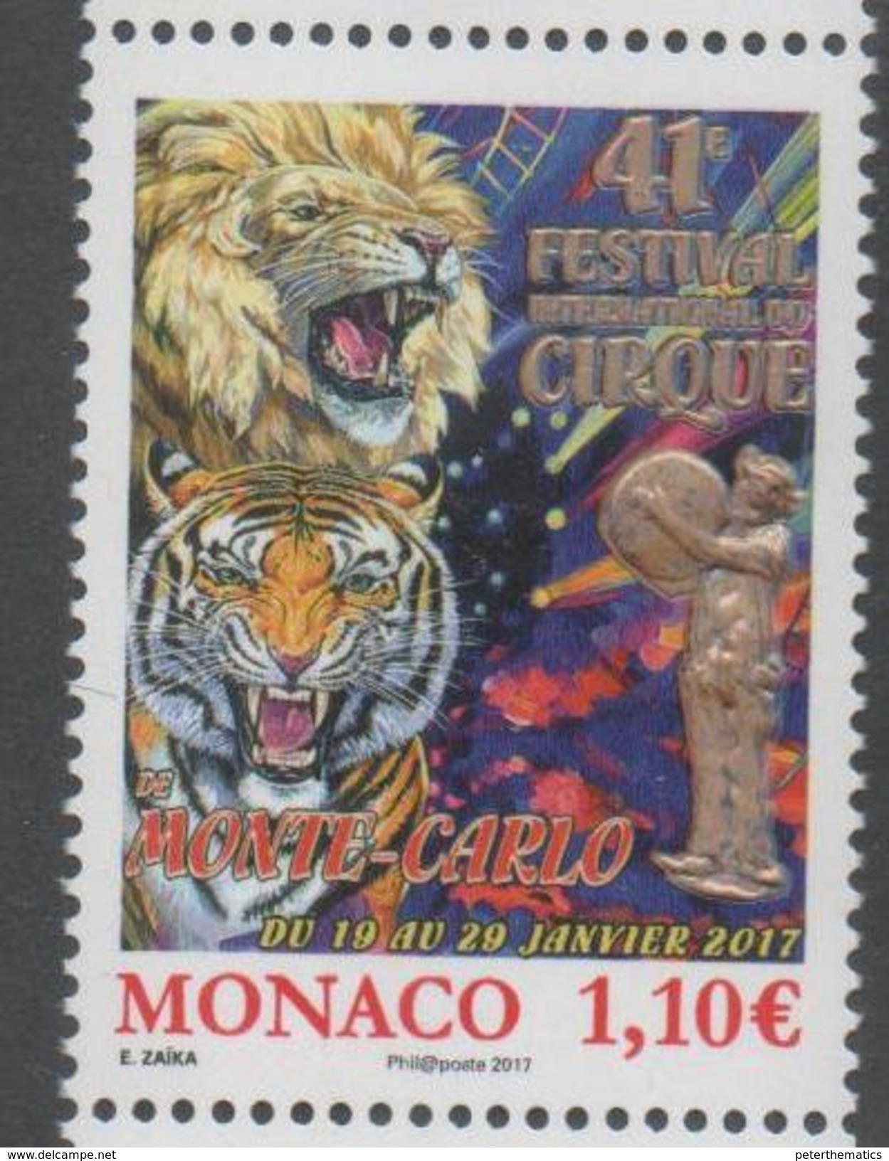 MONACO , 2017, MNH, CIRCUS, LIONS, TIGERS,  1v, EMBOSSED - Circus