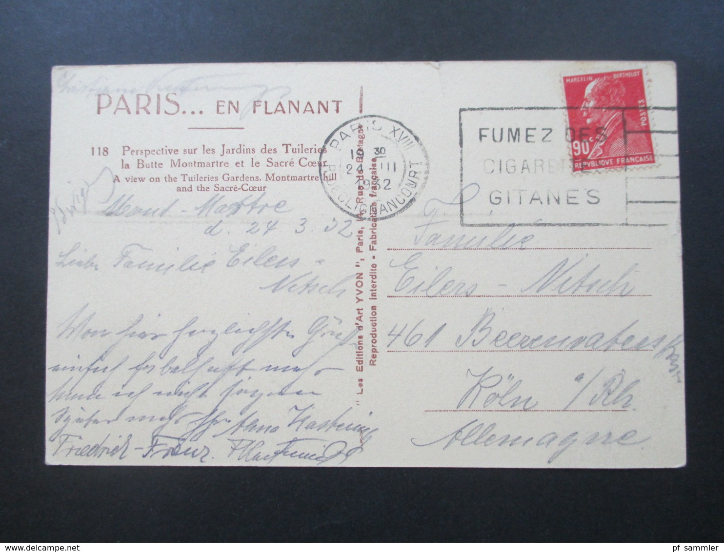 Frankreich 1927 Verwendet 1932 Nr. 223 EF Auf AK Paris En Flanant Fumez Des Cigarettes Gitanes - Covers & Documents