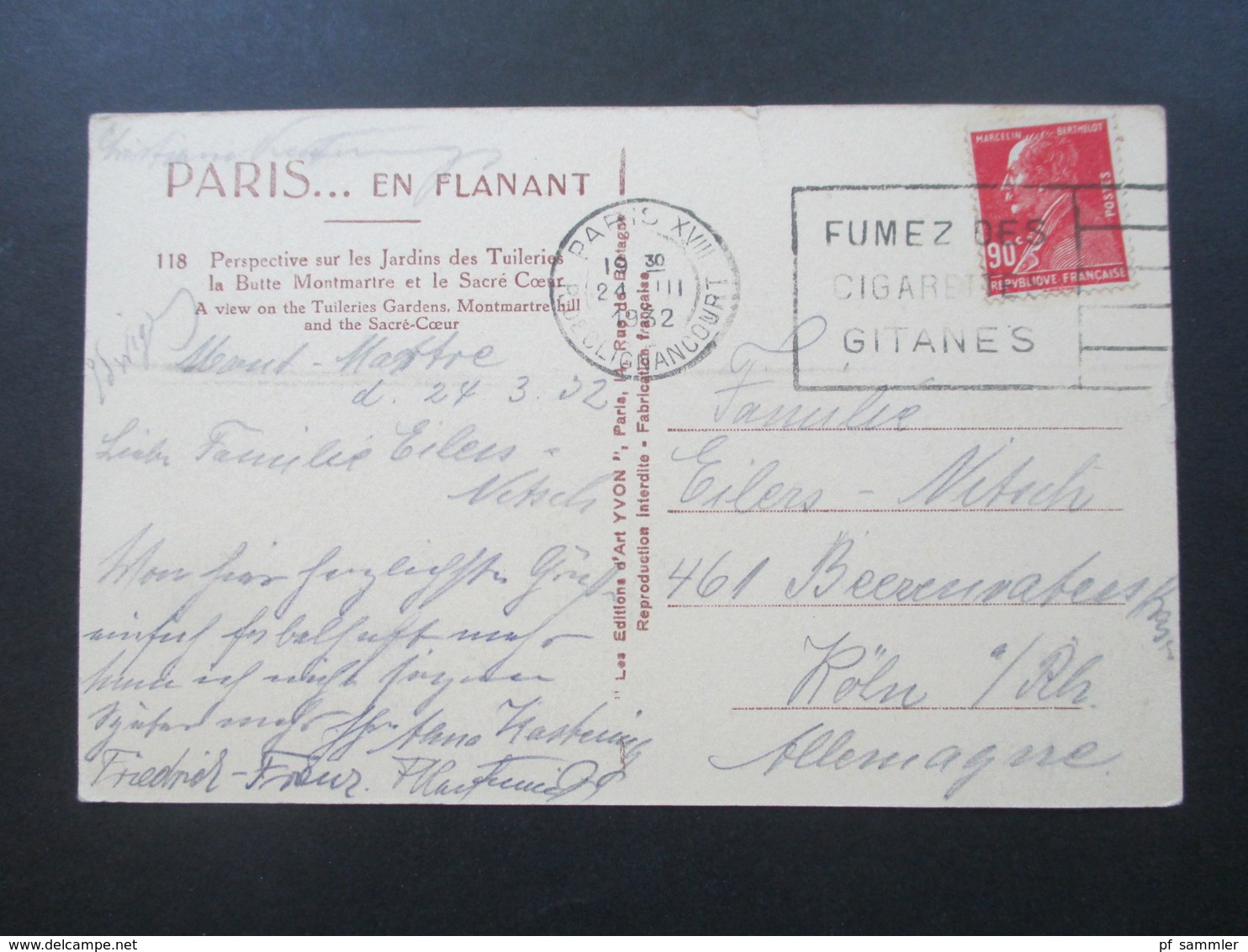 Frankreich 1927 Verwendet 1932 Nr. 223 EF Auf AK Paris En Flanant Fumez Des Cigarettes Gitanes - Cartas & Documentos