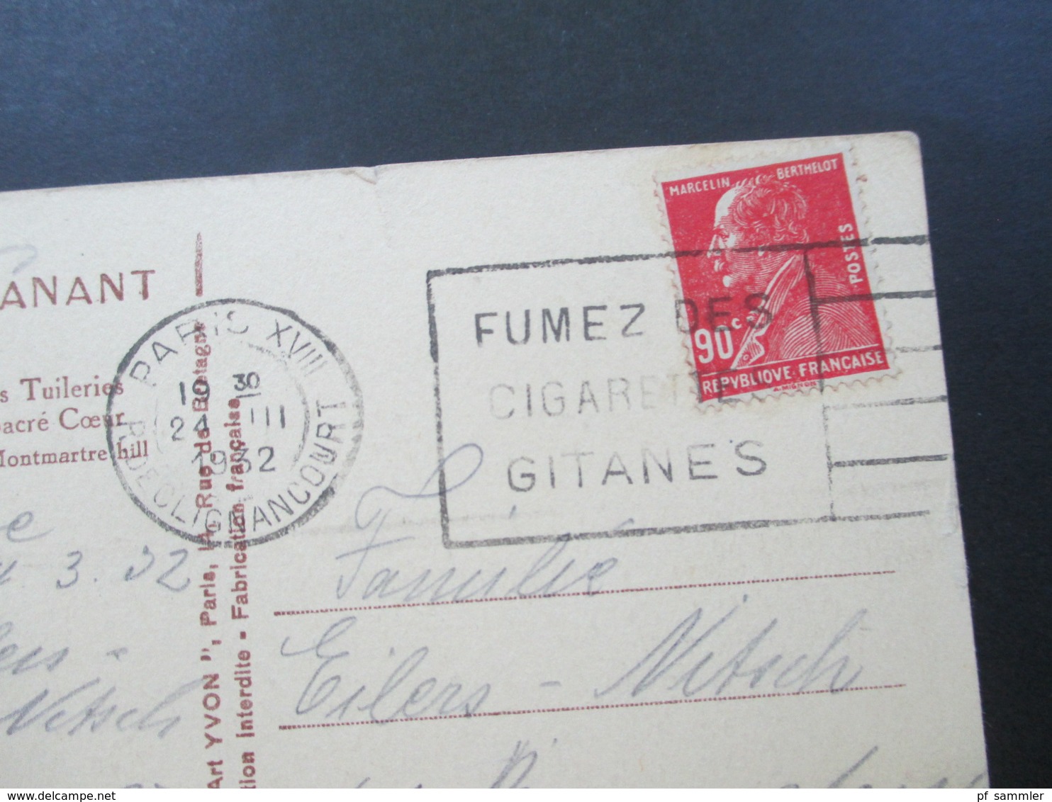 Frankreich 1927 Verwendet 1932 Nr. 223 EF Auf AK Paris En Flanant Fumez Des Cigarettes Gitanes - Cartas & Documentos