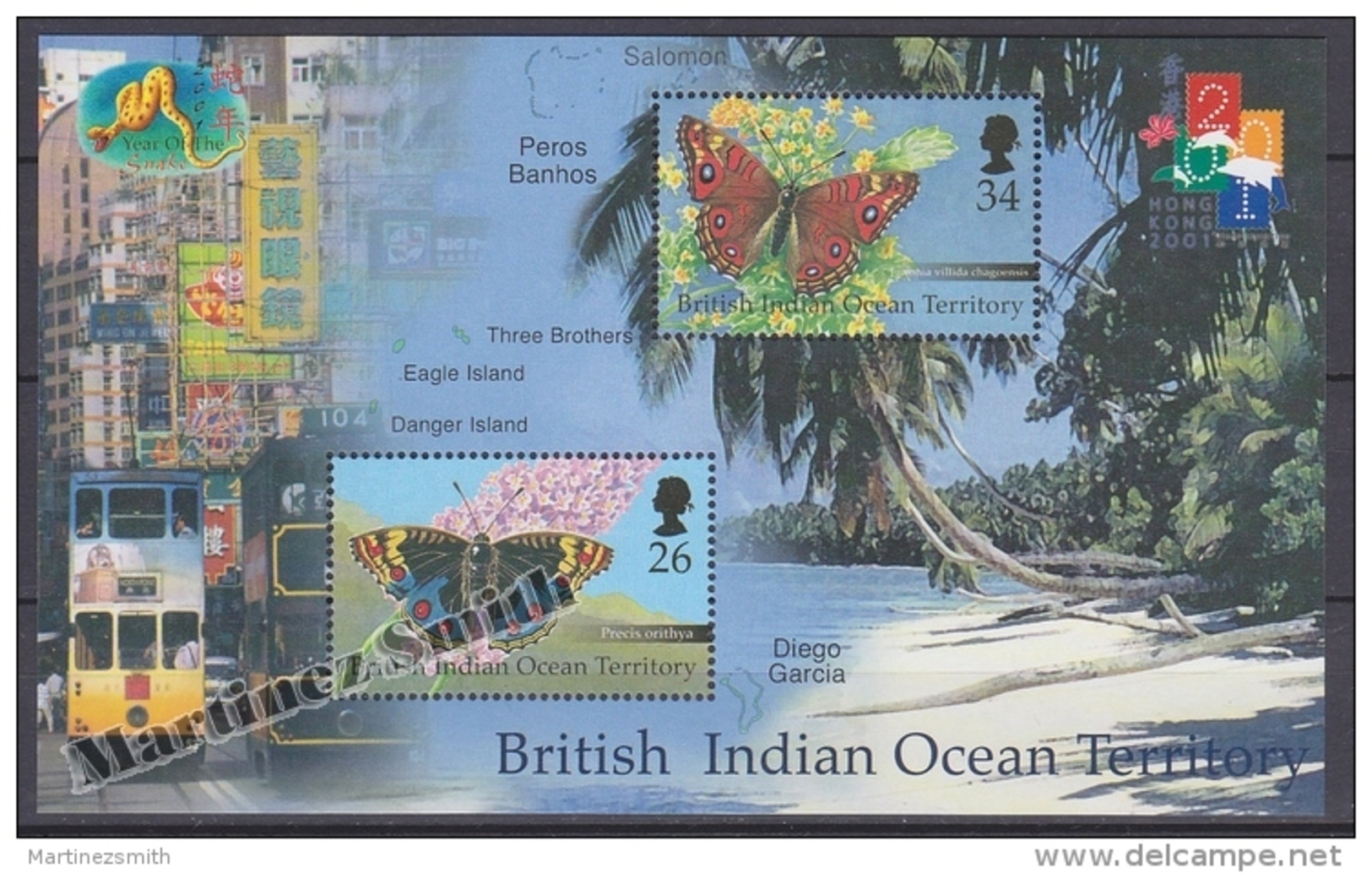 British Indian Ocean 2001 Yvert BF 15, Hong Kong 2001 Philatelic Exhibition, Butterflies - Miniature Sheet- MNH - Territoire Britannique De L'Océan Indien