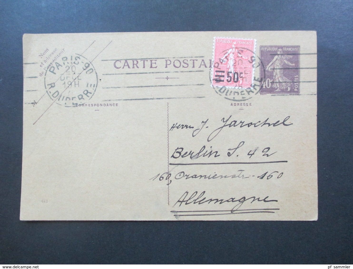 Frankreich 1928 Ganzsache Mit Zusatzfrankatur Nr. 203 Paris 90 R.Duperre Nach Berlin. Jean Richard Rue Des Martyrs - Covers & Documents