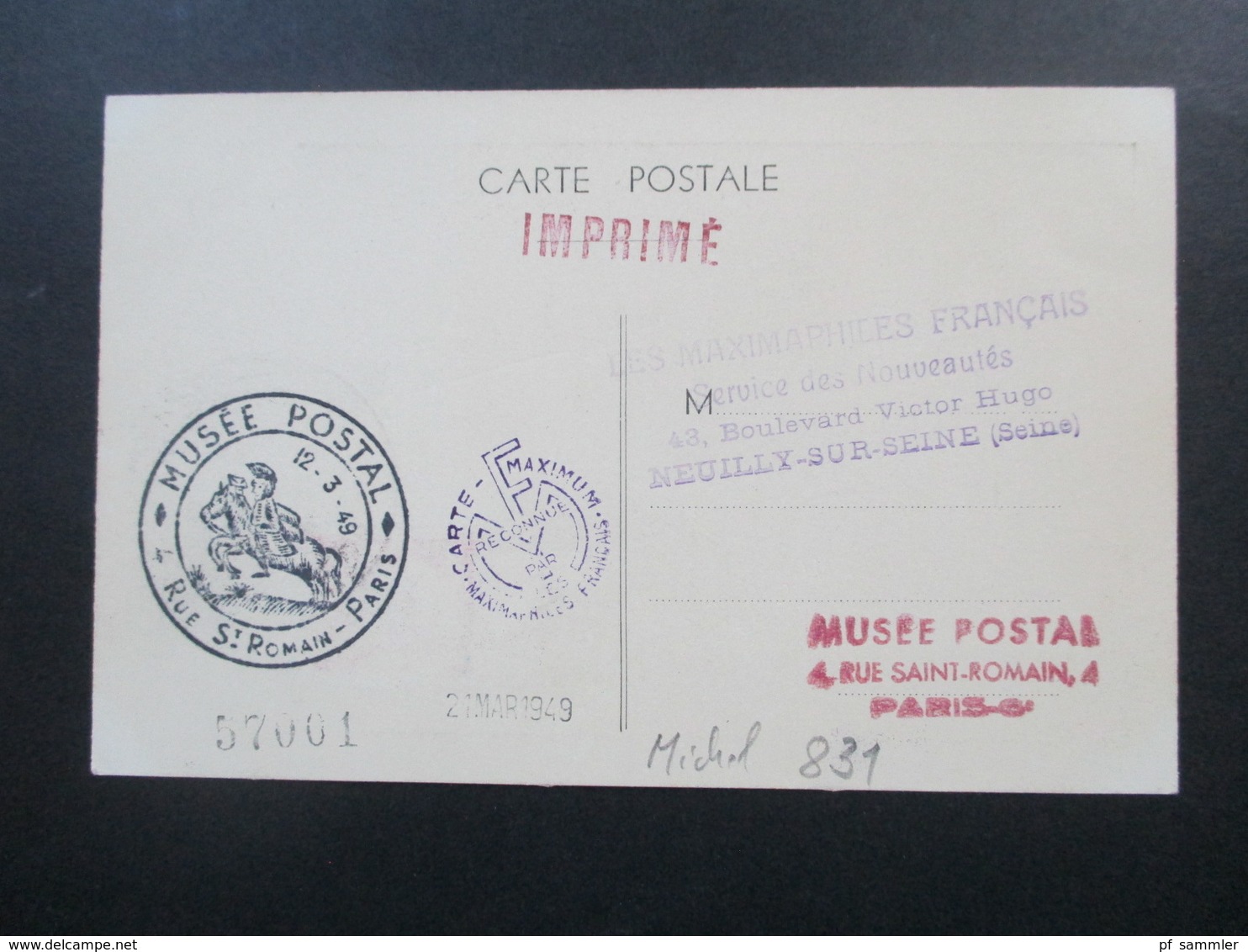 Frankreich 1949 Nr. 831 MK Paul Langevin SST Musee Postal Paris Les Maximaphiles Francais Imprime - Lettres & Documents