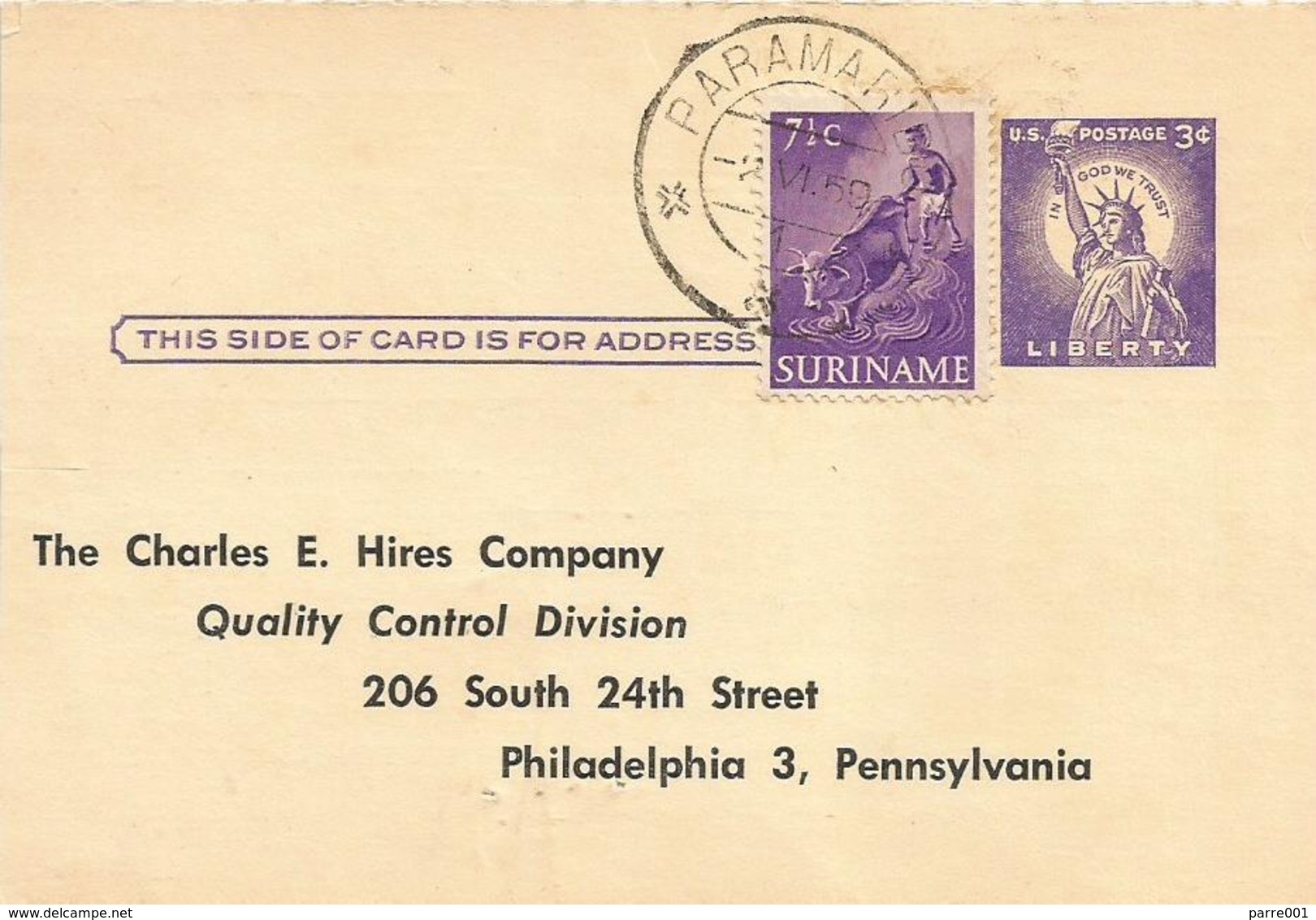 Suriname 1959 Paramaribo Additional Franking 3c Liberty Statue Postal Stationary Card - 1941-60