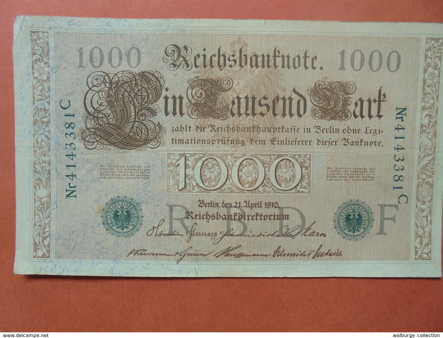 Reichsbanknote 1000 MARK 1910 CACHET VERT ALPHABET "F" (B.4) - 1000 Mark