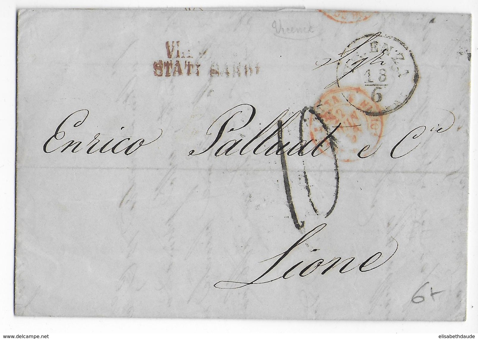 1856 - LETTRE De VICENZA (VENETIE) => LYON Avec MARQUE "VIA STATI SARDI" SARDE - Sardaigne