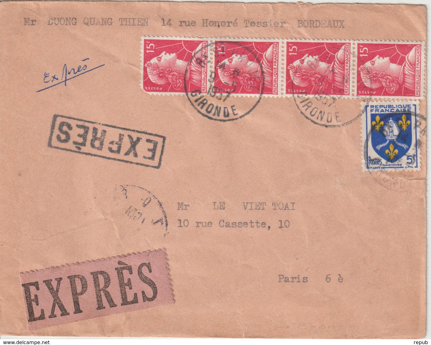 France Lettre Express De Bordeaux Pour Paris 1957 - 1921-1960: Periodo Moderno