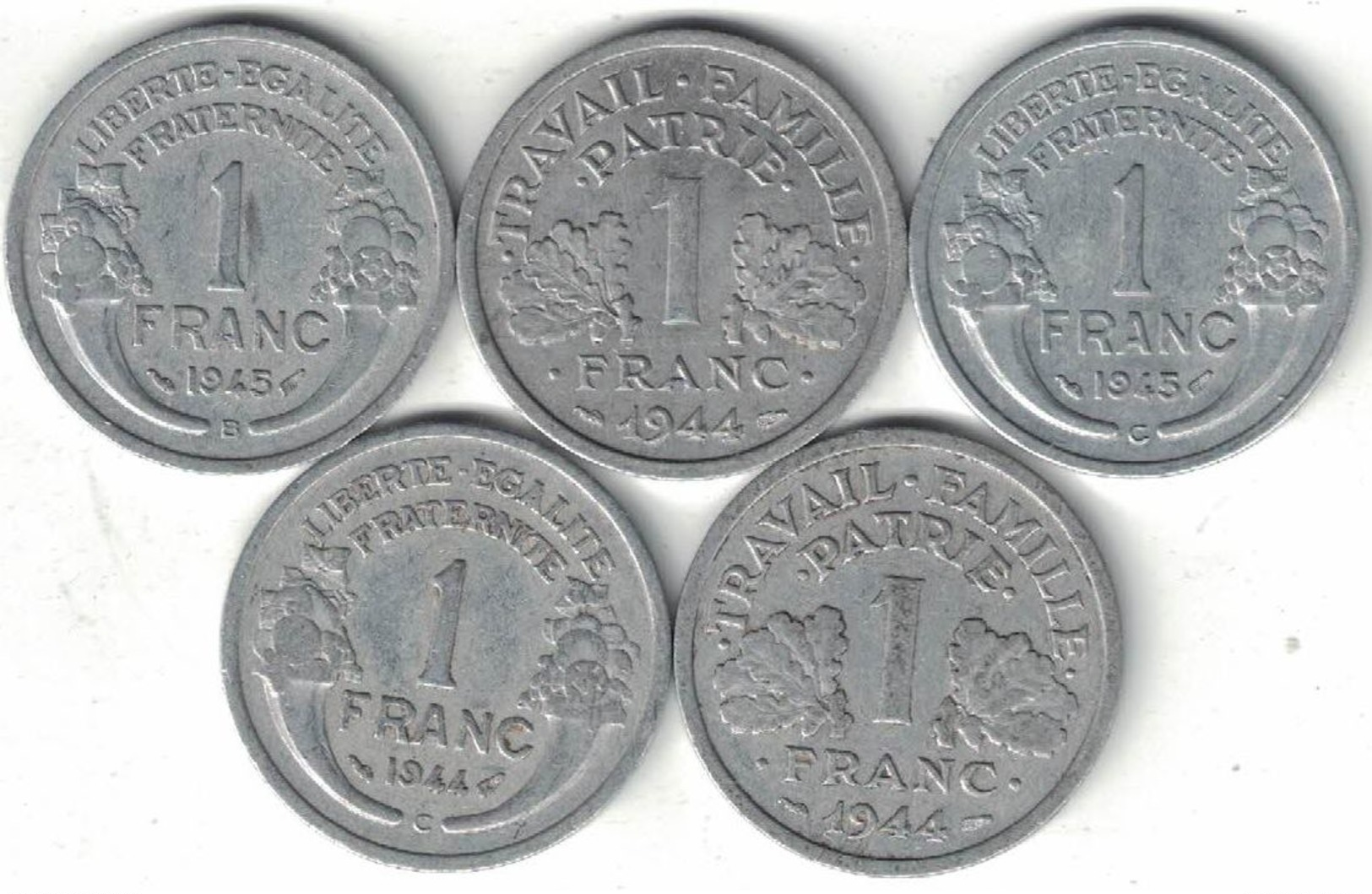 France Collection Of 5x 1 Franc B & C Mints 1944-1945 All Listed & Different - Autres & Non Classés