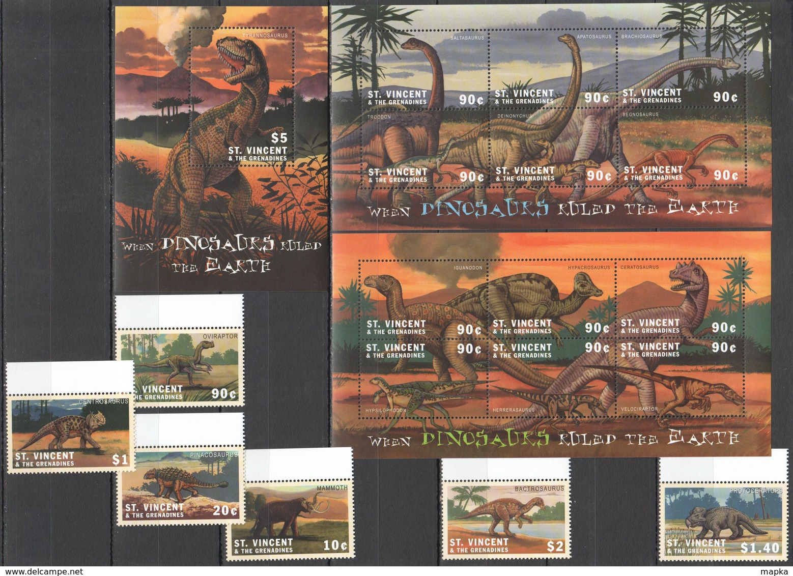 K1099 ST. VINCENT WHEN DINOSAURS RULED THE EARTH FAUNA !!! 2KB+SET+BL MNH - Préhistoriques