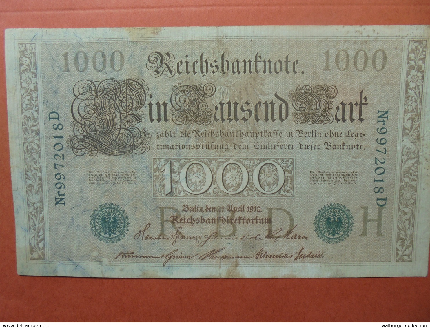 Reichsbanknote 1000 MARK 1910 CACHET VERT ALPHABET "H" (B.4) - 1000 Mark