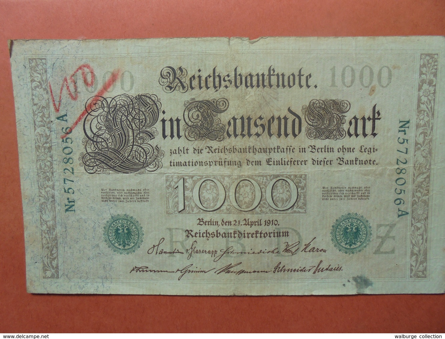 Reichsbanknote 1000 MARK 1910 CACHET VERT ALPHABET "Z" (B.4) - 1000 Mark