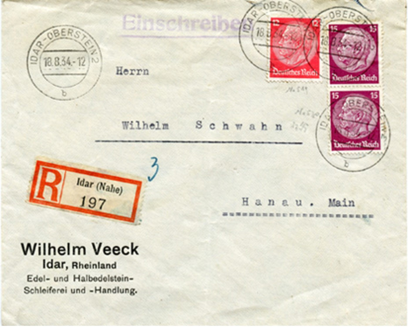 (Lo3308) Einschr. Brief DR St. Idar Oberstein N. Hanau - Autres & Non Classés