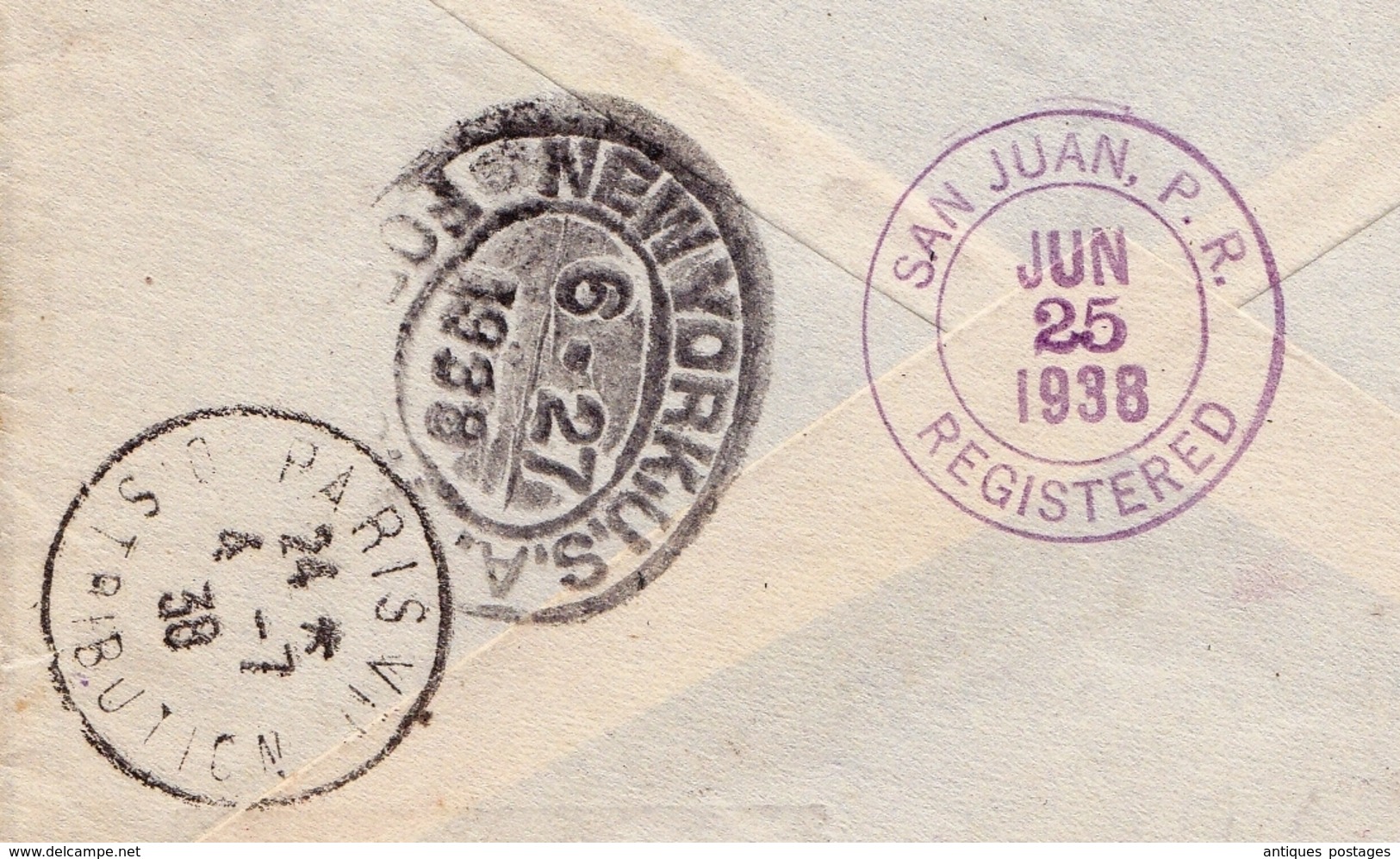 Lettre Recommandée 1938 Fort de France La Martinique Via New York Porto Rico San Juan Paris