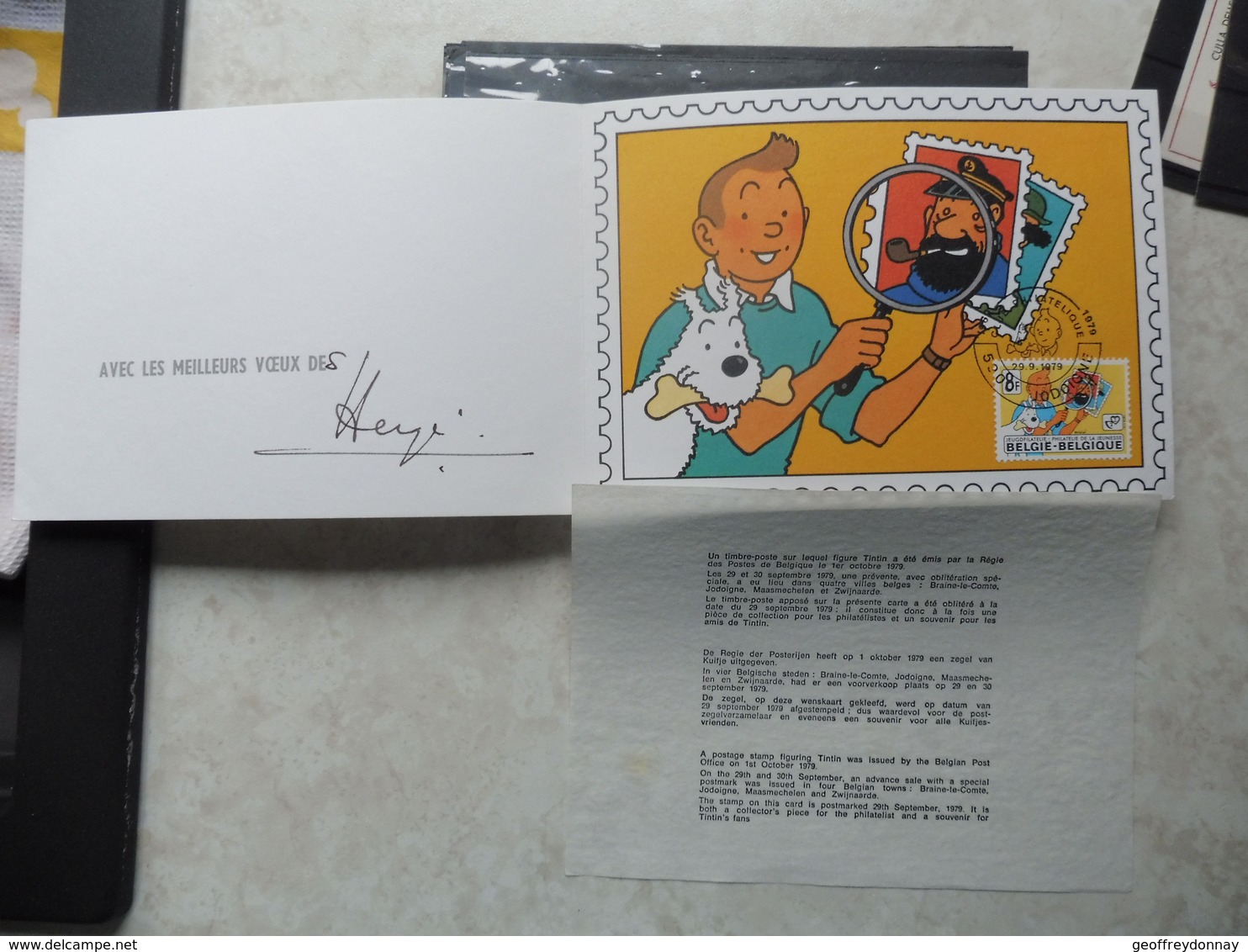 Carte Souvenir Tintin ( Kuifje ) 1979 Objet De Collection RARE En Bon Etat Avec Feuillet Explicatif A Saisir - Autres & Non Classés