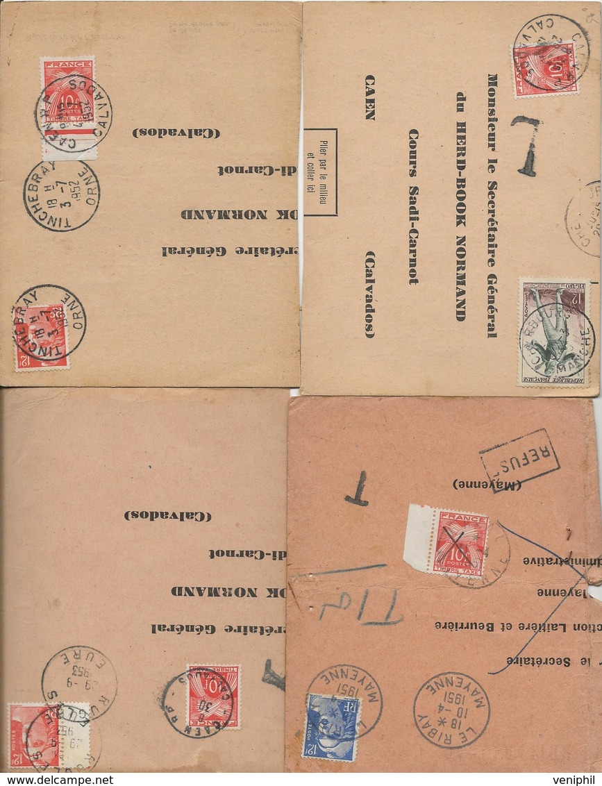 8 LETTRES AFFRANCHIES TAXE - OBLITEREE CAD DEPARTEMENTS 14-27-61-53 SUR DECLARATION DE NAISSANCE DE VEAUX -ANNEES1950-55 - 1859-1959 Covers & Documents