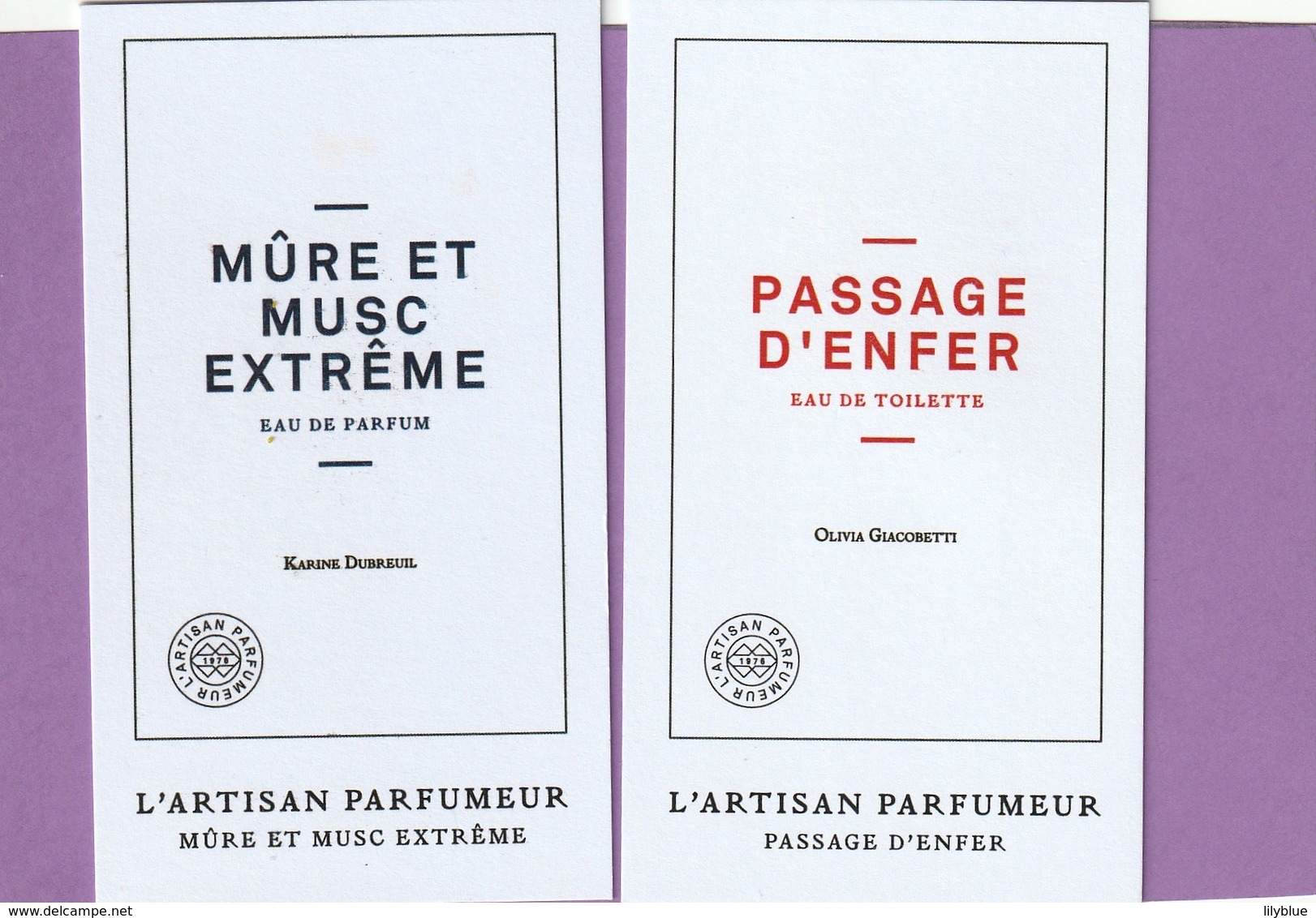 L' ARTISAN PARFUMEUR  2 Cartes ***Passage D'enfer*** Et*** Mûre Et Musc Extrême *** - Modernes (à Partir De 1961)