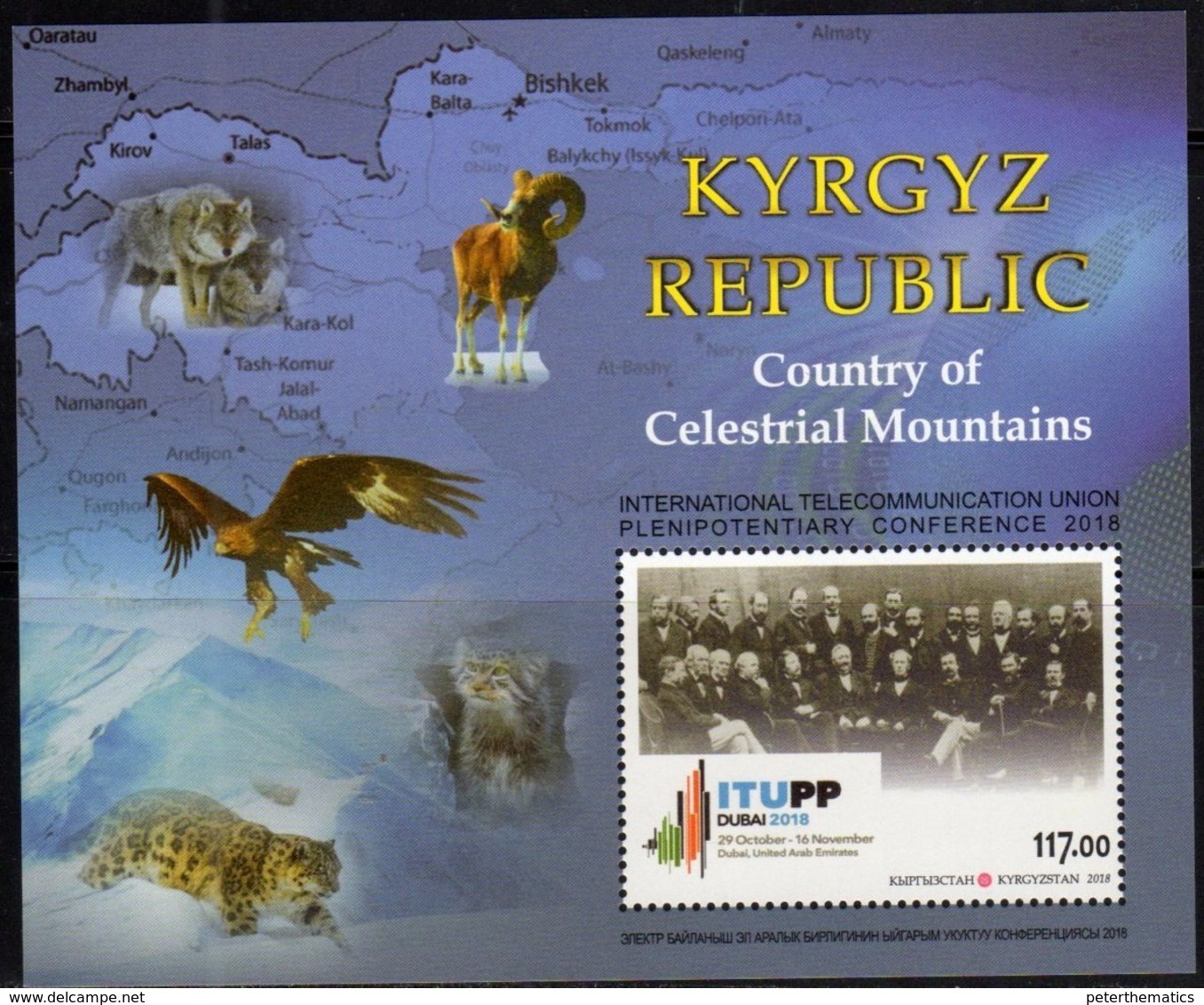 KYRGYZSTAN, 2018, MNH, INTERNATIONAL TELECOMMUNICATION UNION CONFERENCE, MOUNTAINS, BIRDS, LEOPARDS, FAUNA, S/SHEET - Other & Unclassified