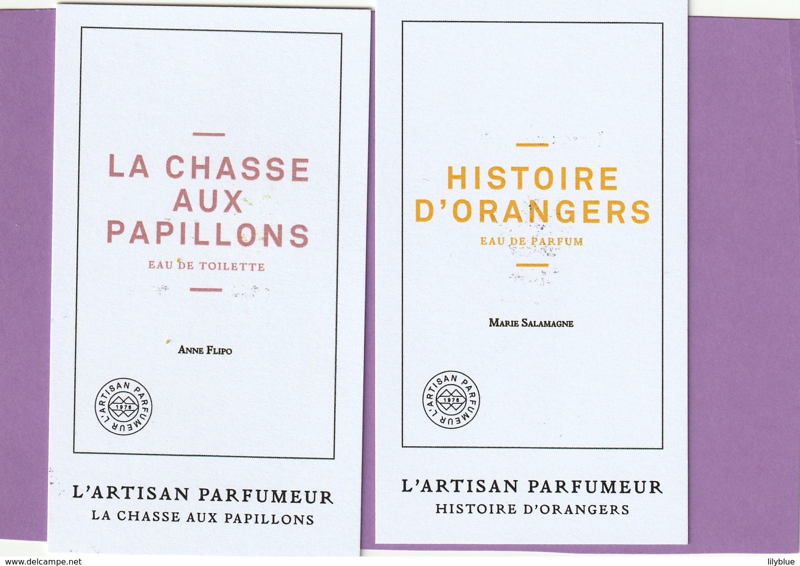 L' ARTISAN PARFUMEUR  2 Cartes ***La Chasse Aux Papillons *** Et ***Histoire D' Orangers*** - Modernes (à Partir De 1961)