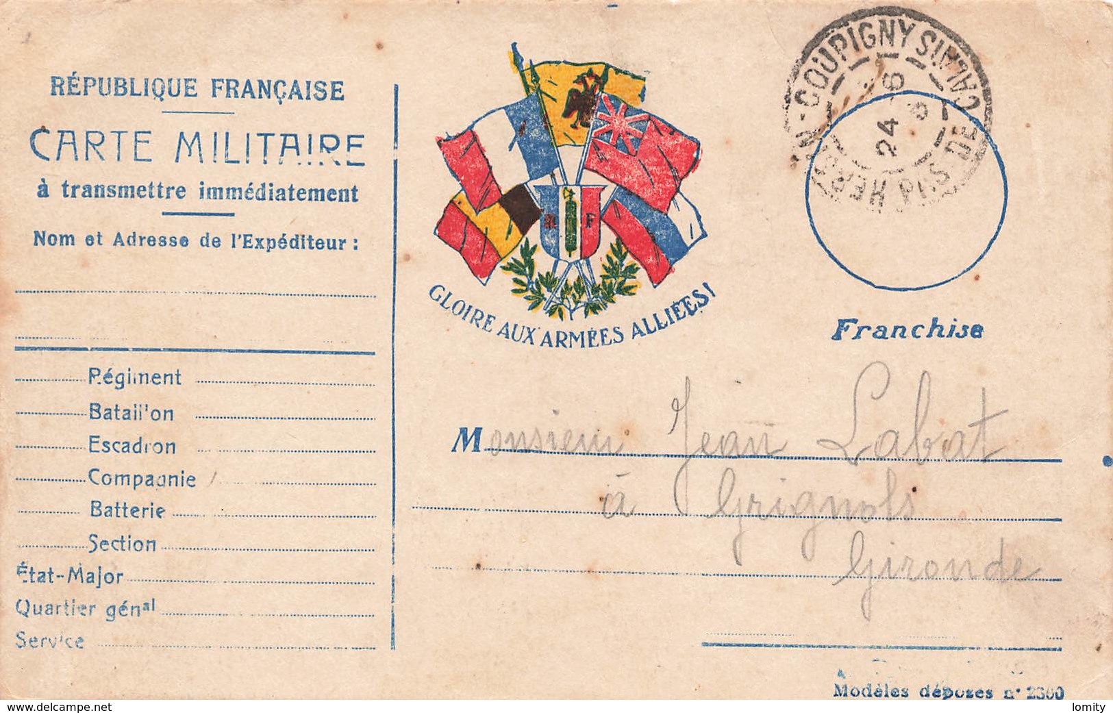 Carte Correspondance Franchise Militaire Guerre 1914 1918 Juin 1915 Labat Medecin 285 Rgt Infanterie Hersin Coupigny - Guerre De 1914-18