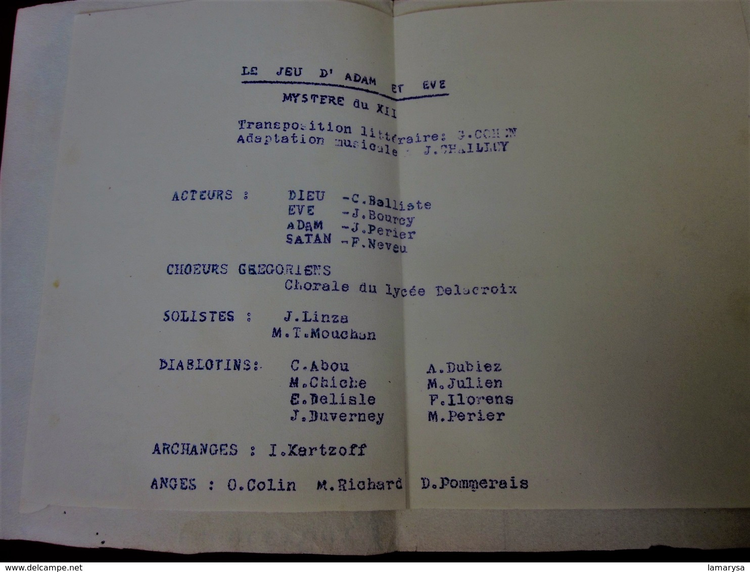 ADAM & EVE PROGRAMME TRANSPOSITION LITTÉRAIRE ADAPTATION MUSICALE-CHŒURS GRÉGORIENS SOLISTES-DIABLOTINS:ABOU-CHICHE-ANGE - Programma's