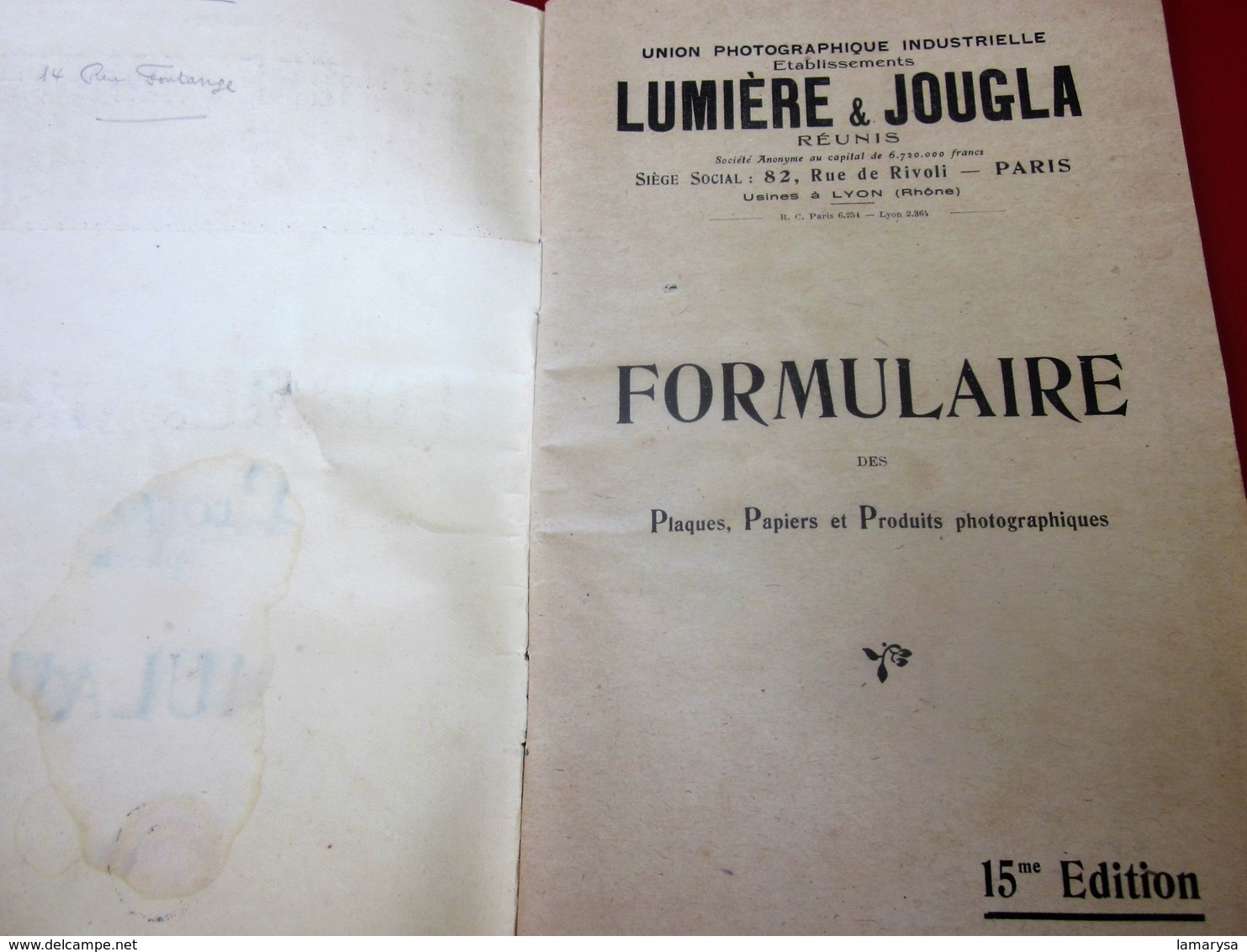 1948 UNION PRODUITS PHOTOGRAPHIQUES INDUSTRIELS LUMIÈRE & JOUGLA FORMULAIRES-AUTOCHROMES-PLAQUES-PAPIERS- - Matériel & Accessoires