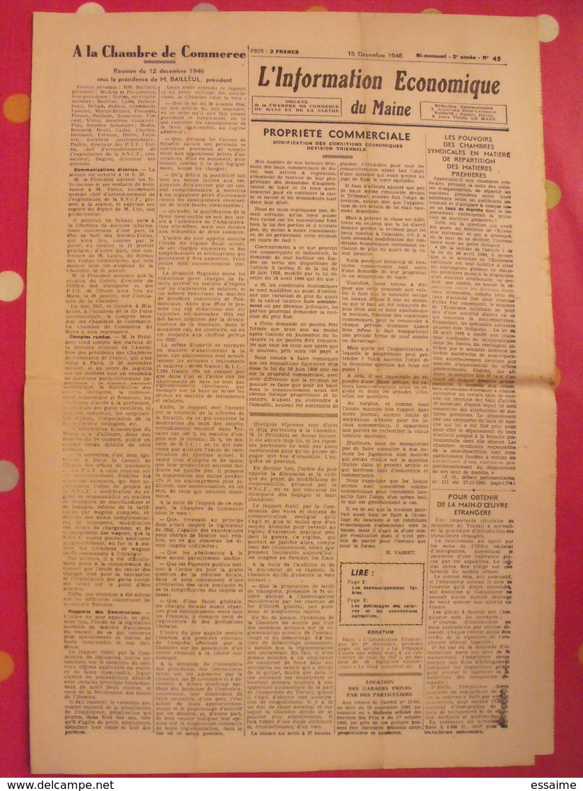 Bi-mensuel L'Information Economique Du Maine. Le Mans Sarthe Chambre De Commerce. N° 45 Du 15/12/1946 - Autres & Non Classés