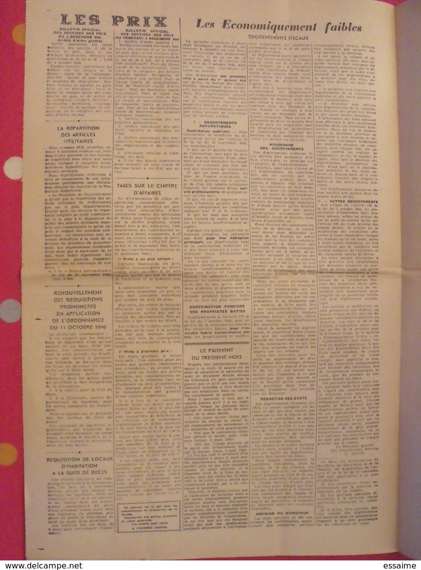 Bi-mensuel L'Information Economique Du Maine. Le Mans Sarthe Chambre De Commerce. N° 45 Du 15/12/1946 - Autres & Non Classés