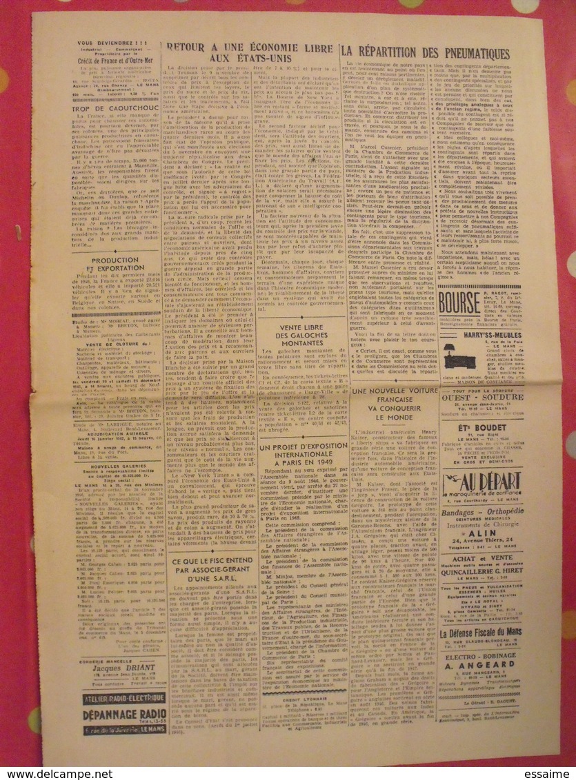 Bi-mensuel L'Information Economique Du Maine. Le Mans Sarthe Chambre De Commerce. N° 45 Du 15/12/1946 - Autres & Non Classés