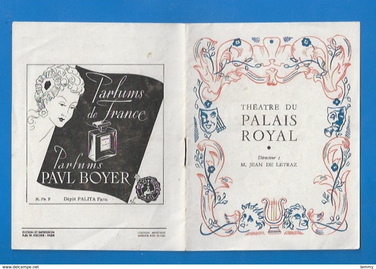 PROGRAMME ANCIEN - THEATRE DU PALAIS ROYAL- JEAN LETRAZ "moumou" - PUBLICITÉS BIJOUX OMÉGA, PARFUMS PAUL BOYER - Programs