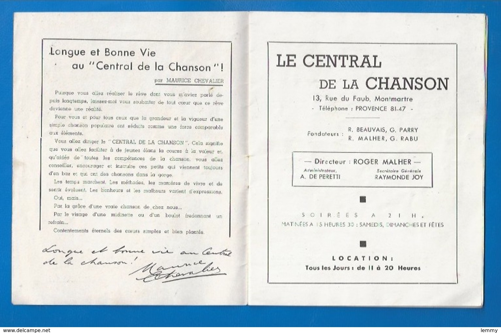 PROGRAMME 1950 - CENTRAL DE LA CHANSON - SOUTIEN DE MAURICE CHEVALIER - CHAMPI - PUBLICITÉ  RESTAURANT "CLUB DES CINQ" - Programs