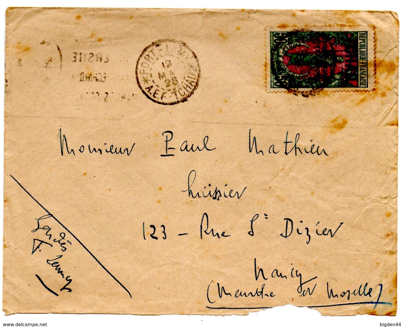 Lettre De Fort Lamy AEF Tchad (12.05.1928) Pour Nancy - Lettres & Documents