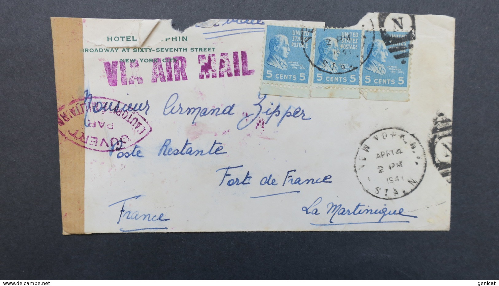 Lettre Avril 1941 Pour Fort De France Martinique En Poste Restante , Censure "1" Et Timbre Martinique Au Verso - Covers & Documents