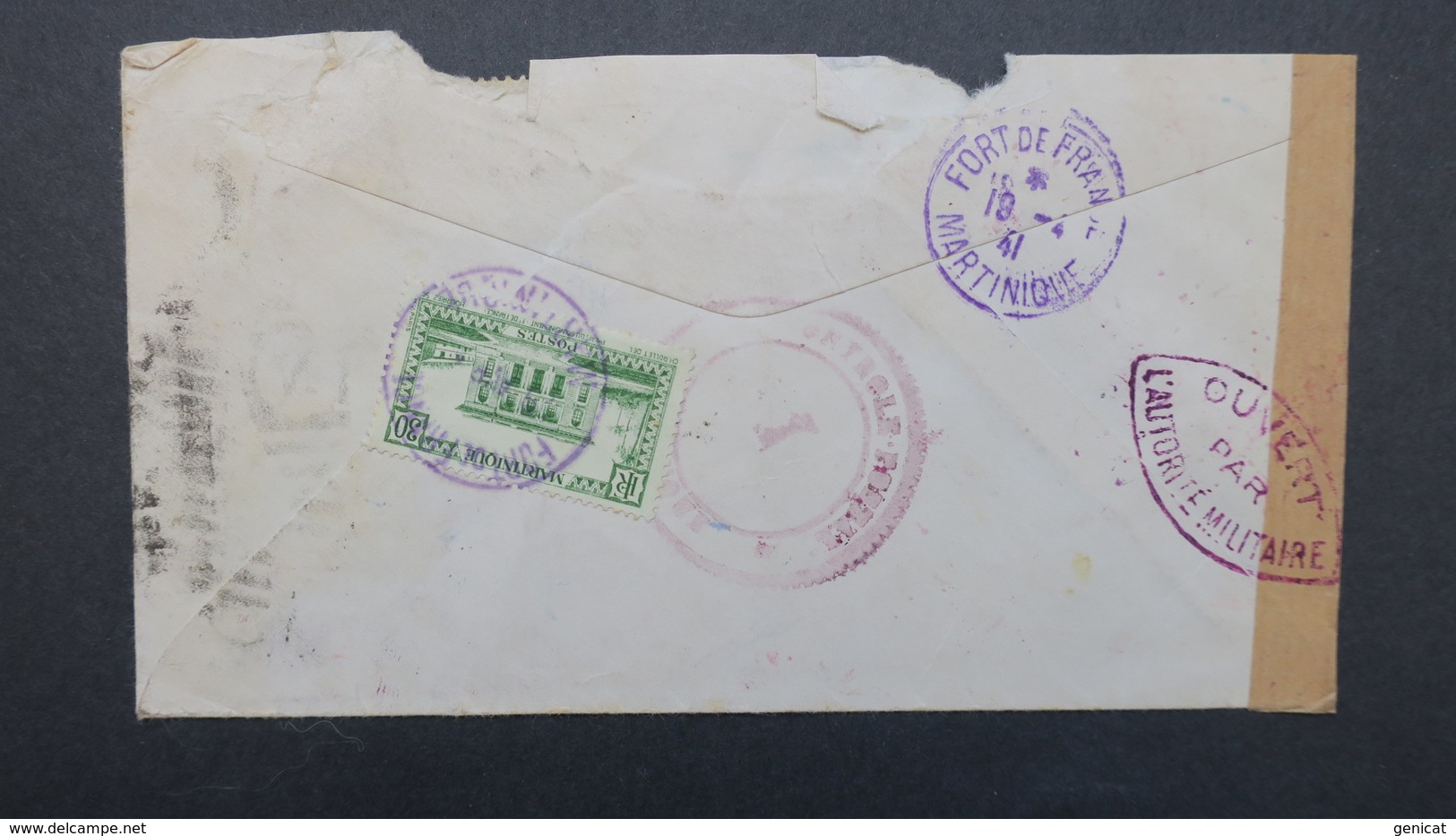 Lettre Avril 1941 Pour Fort De France Martinique En Poste Restante , Censure "1" Et Timbre Martinique Au Verso - Covers & Documents