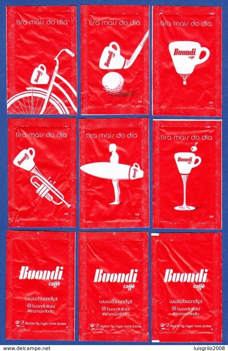 Buondi Cafés, Portugal 2019 - Tira Mais Do Dia / Série Complète 6 Sachets Vides - Zucchero (bustine)