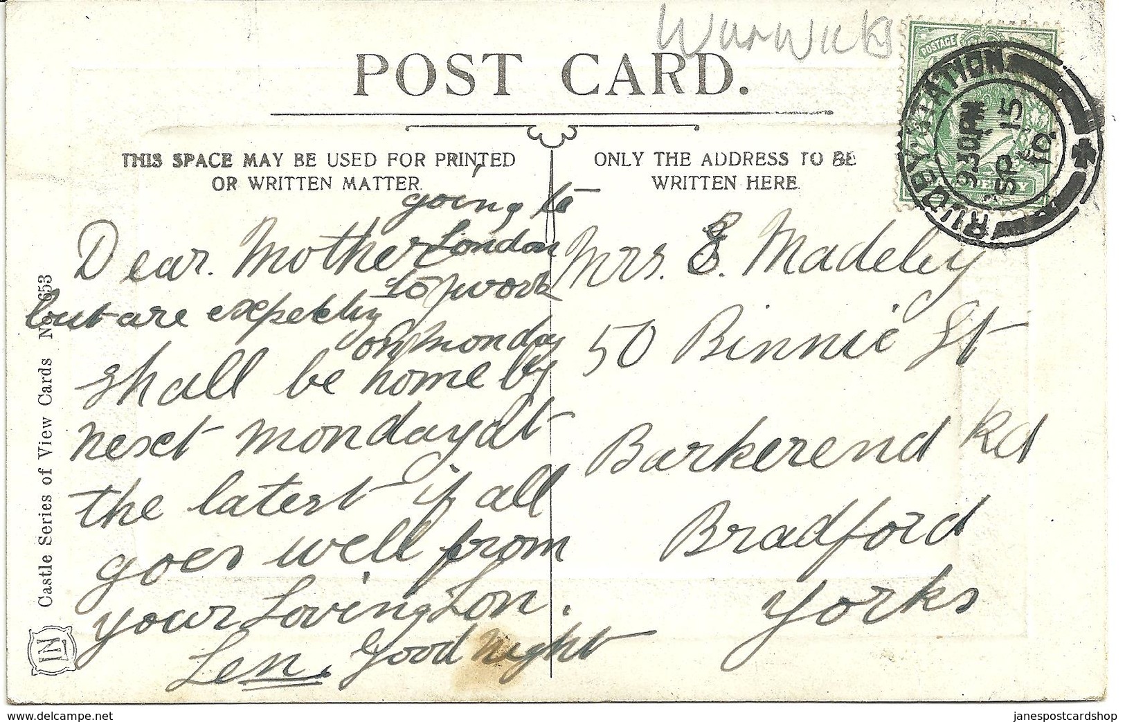 HEADMASTER'S HOUSE - RUGBY - WARWICKSHIRE WITH GOOD RUGBY STATION POSTMARK 1910 - Other & Unclassified