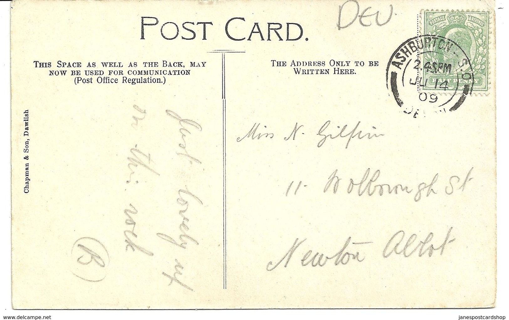 ROCKINGSTONE - RIPPON TOR - DEVON - WTIH ASHBURTON  - S.O. RAILWAY POSTMARK - Other & Unclassified