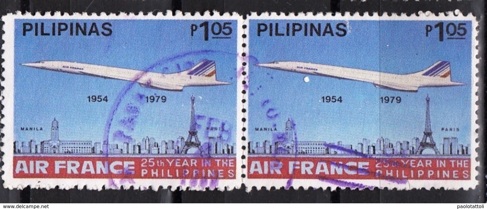 Pilipinas, 1979- Air France, 25 Years In The Philippines. Horizontal Stripe Of Two. CancelledNH. - Philippines