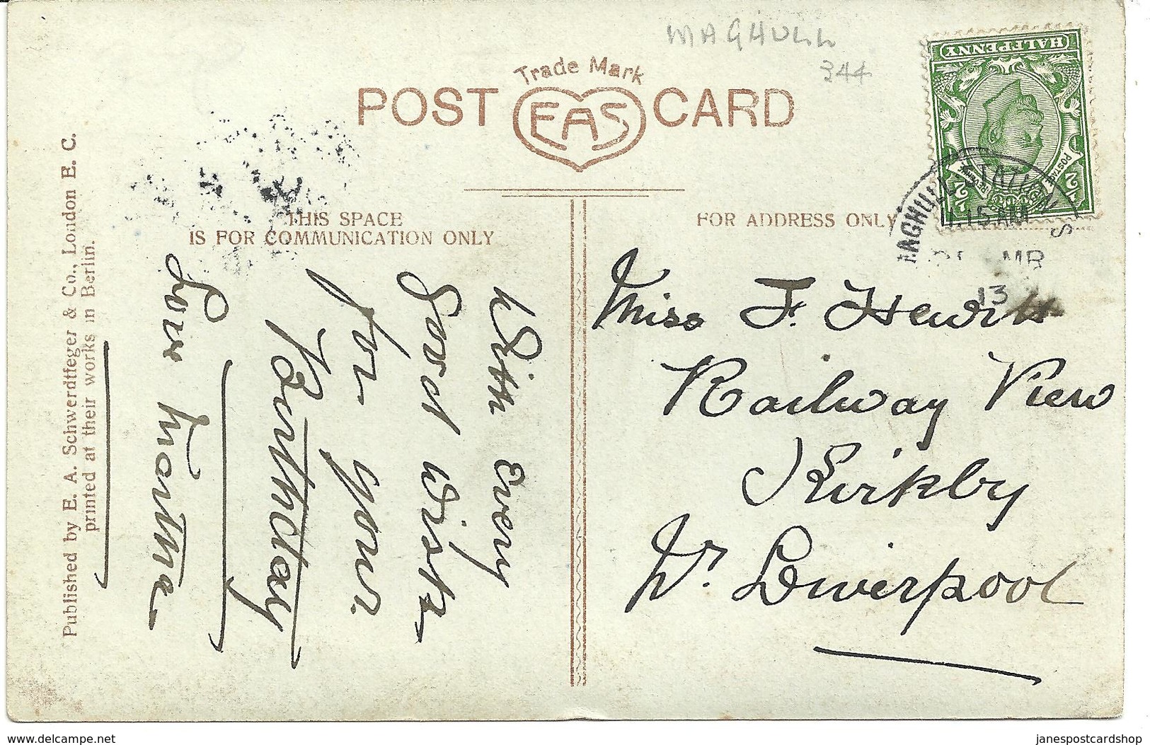 MAGHULL STATION POSTMARK 1913 ON GREETINGS CARD - Postmark Collection