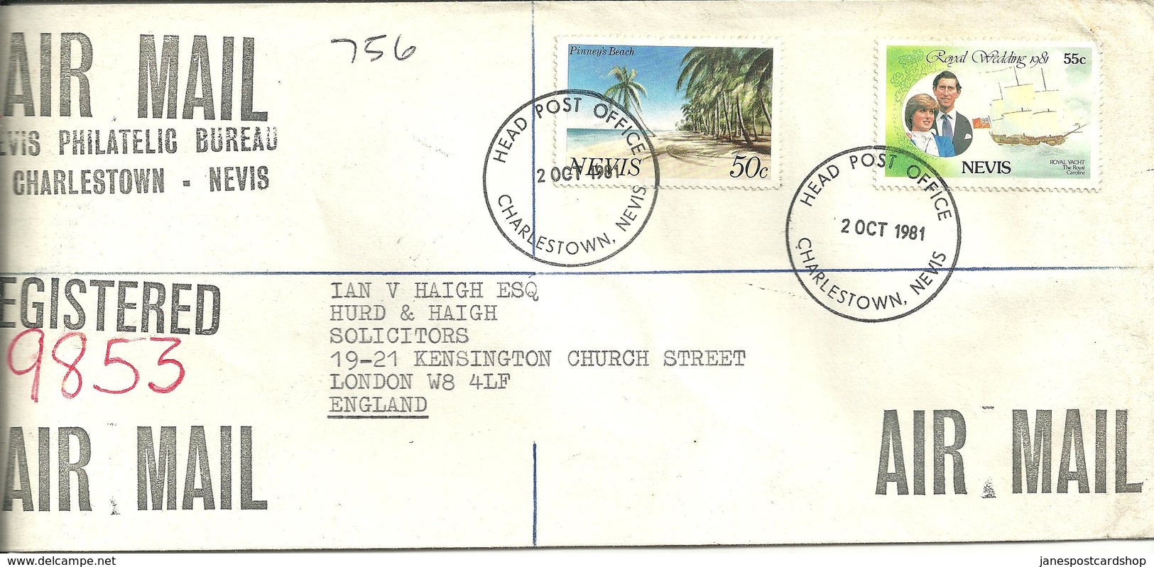 REGISTERED AIR MAIL COVER FROM CHARLESTOWN - NEVIS TO LONDON ENGLAND 1981 - St.Kitts And Nevis ( 1983-...)