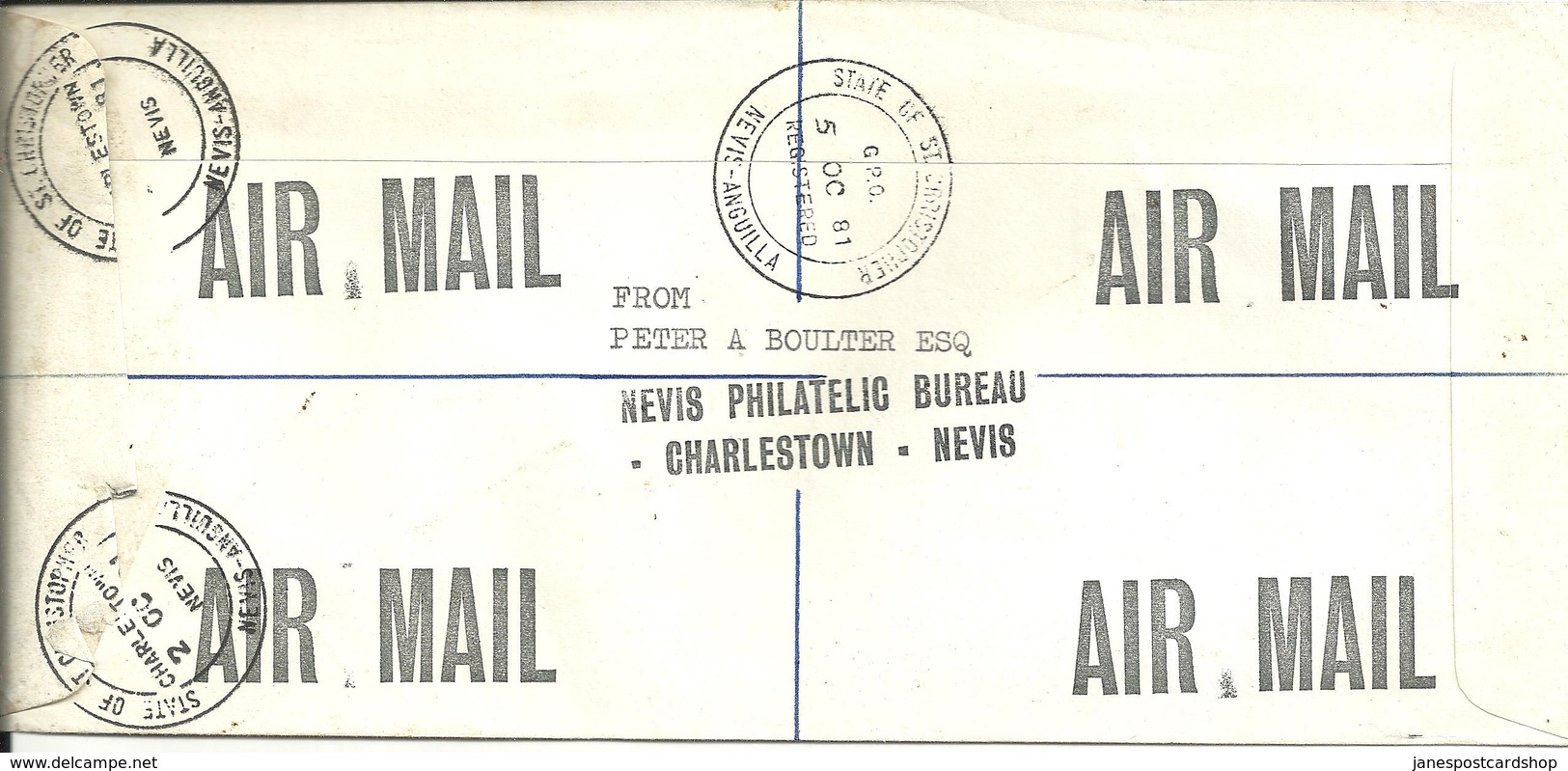 REGISTERED AIR MAIL COVER FROM CHARLESTOWN - NEVIS TO LONDON ENGLAND 1981 - St.Kitts And Nevis ( 1983-...)