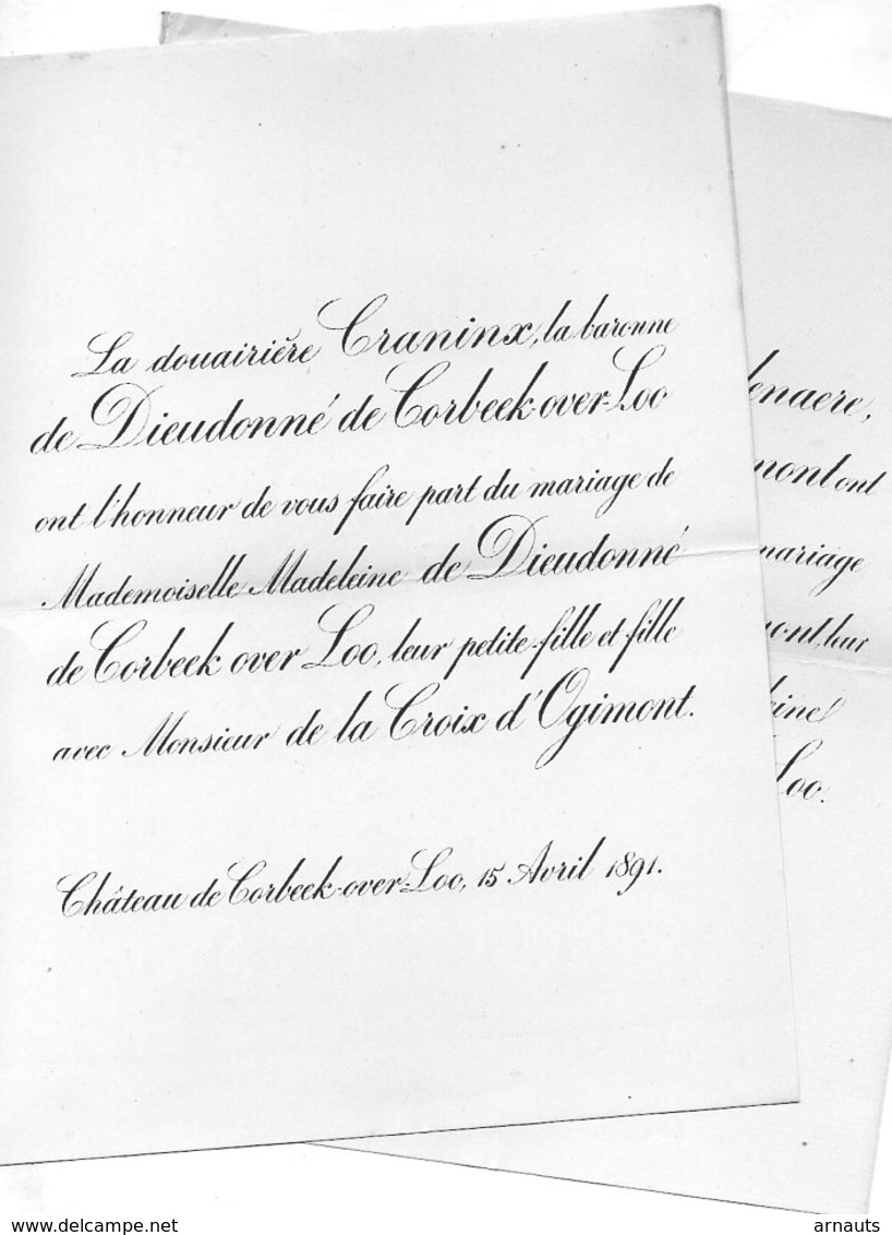 Mariage 1892 M. De Dieudonné De Corbeek Over Loo & De La Croix D'Ogimont Château De Corbeek-over-Loo Craninx Muelenaere - Huwelijksaankondigingen