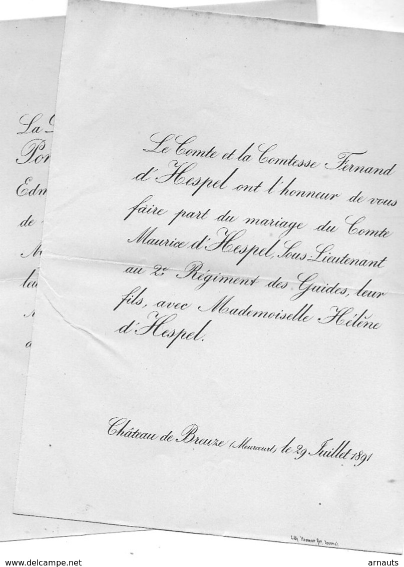 Mariage 1892 Hélène D'Hespel & Maurice D'Hespel Château De Breuze Mourcourt Des Effans Du Ponthois Haubourdin Près Lille - Wedding