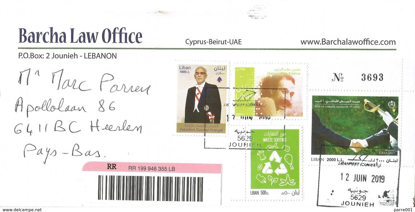 Liban Lebanon 2019 Jounieh Waste Sorting Army Sword President Sleiman Registered Cover - Liban