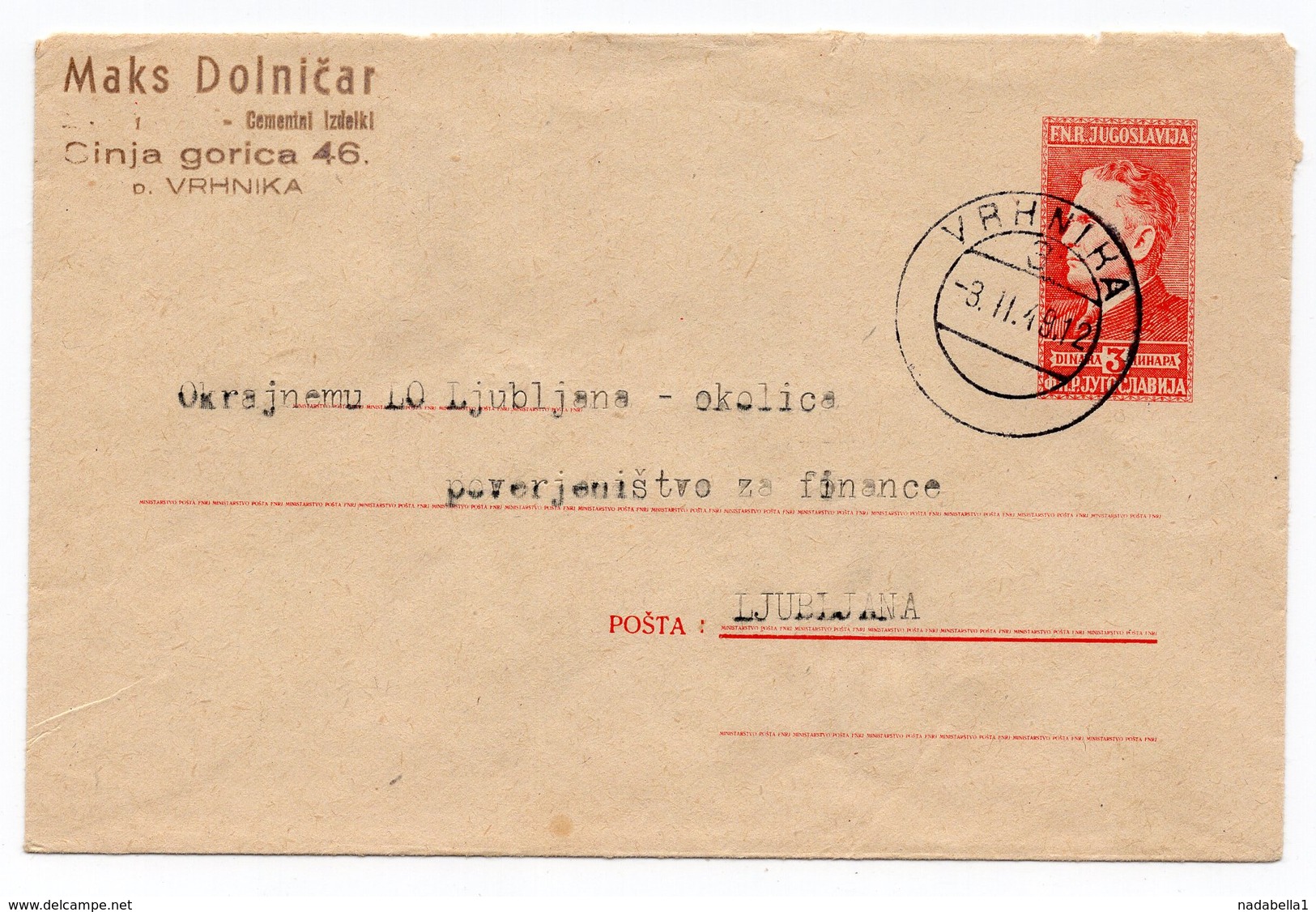 1949 YUGOSLAVIA, SLOVENIA, VRHNIKA TO LJUBLJANA, TITO, PRINTED COVER, USED - Covers & Documents