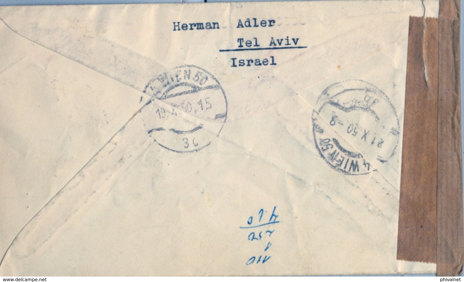1950 ISRAEL , HERZLIYA - VIENA , SOBRE CIRCULADO , CORREO AÉREO , CENSURA , LLEGADA AL DORSO - Cartas & Documentos