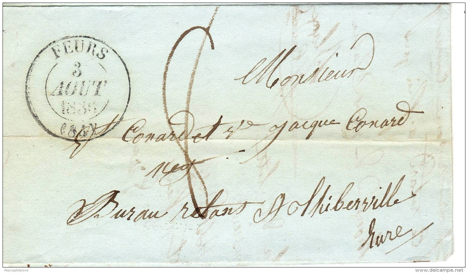 FEURS Loire, 1836, Type 13, 8 Décimes Poste Restante, Verso Type 13 ThIBERVILLE Eure - 1801-1848: Précurseurs XIX