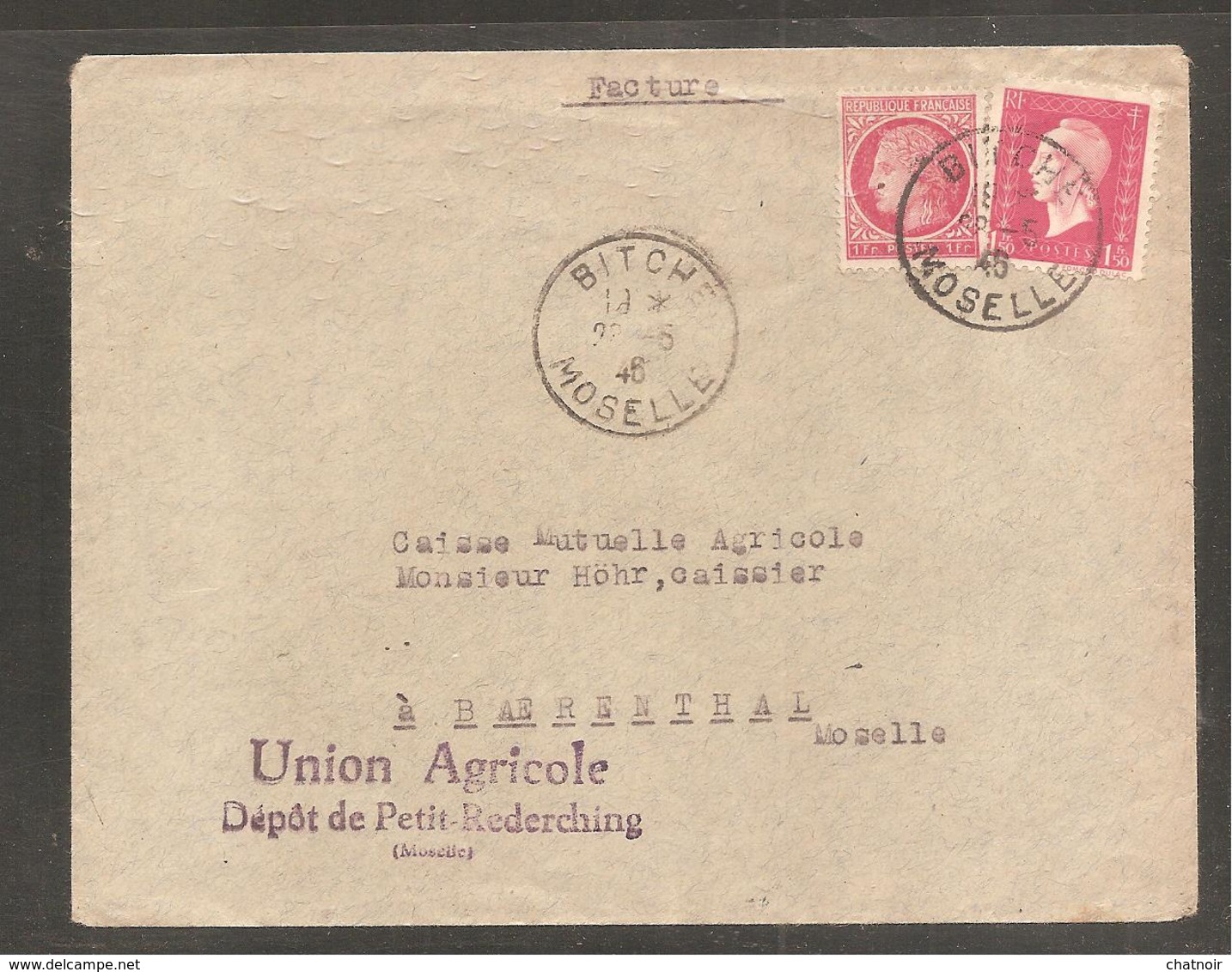 1,50 F  DULAC  Et 1f Mazelin   Oblit  BITCHE  1946 / " Union Agricole  Petit  Rederching / - 1944-45 Marianne (Dulac)